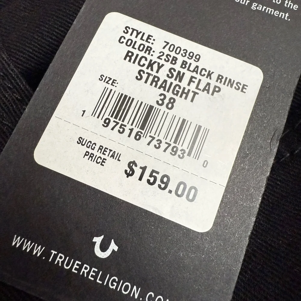 True Religion Ricky Black Rinse Relaxed Straight‎ Jeans Mens Size 38x34
